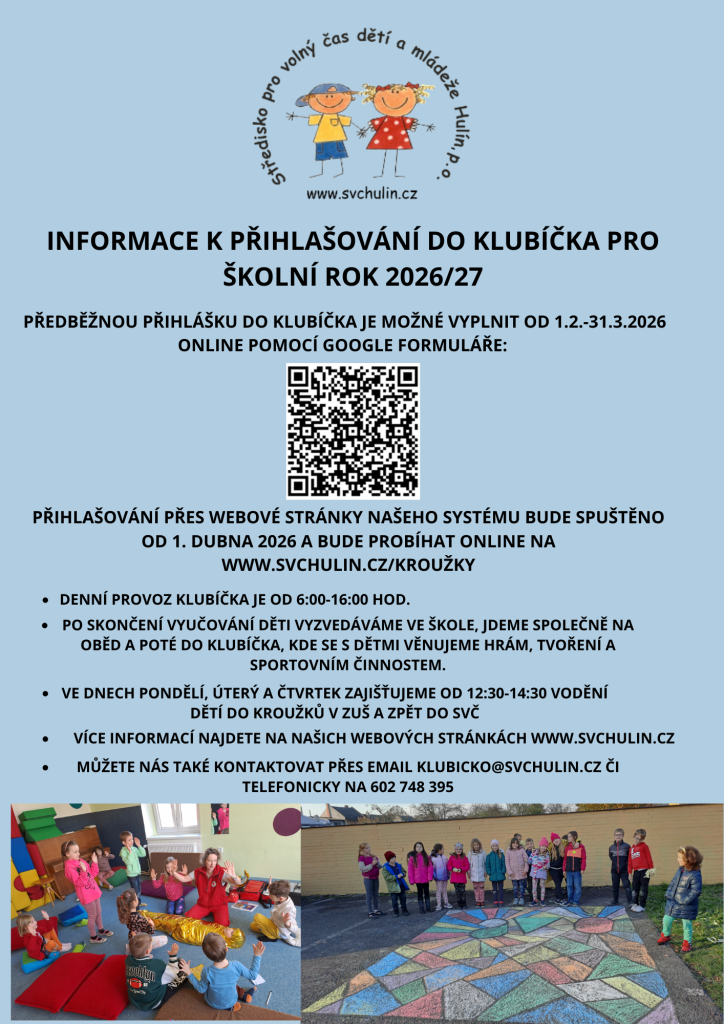 Informace k přihlášení do Klubíčka pro školní rok 2026/27